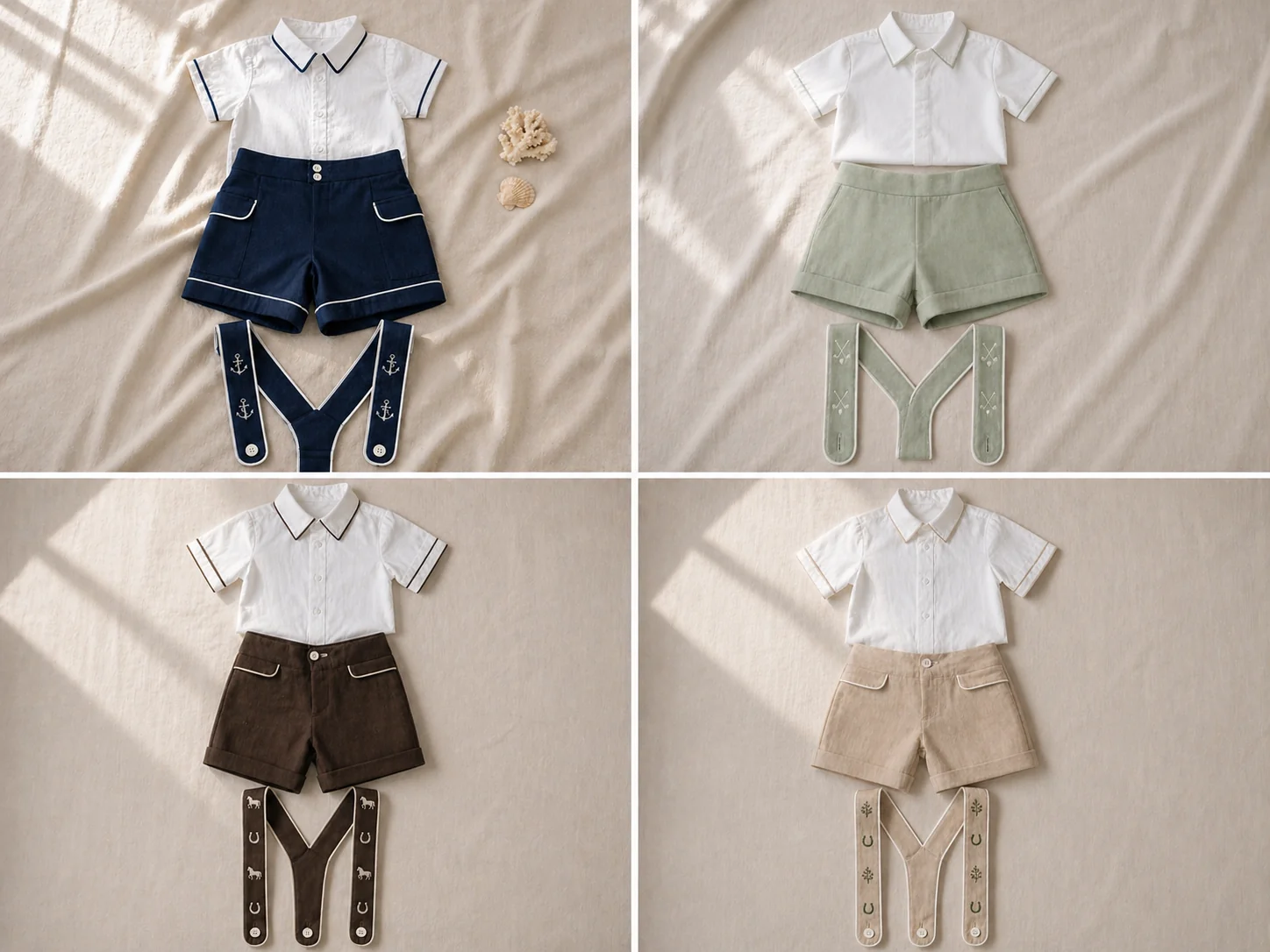 Grid 2x2 do mesmo Conjunto Versátil em 4 temas diferentes — Marinheiro Vintage azul marinho com âncora bordada · Golf Chic verde sálvia com taco e bola · Cavalheiro Equestre marrom chocolate com cabeça de cavalo · Fazendinha Country bege/cáqui com ferradura — todos com camisa branca e estrutura idêntica de short, suspensório e yoke