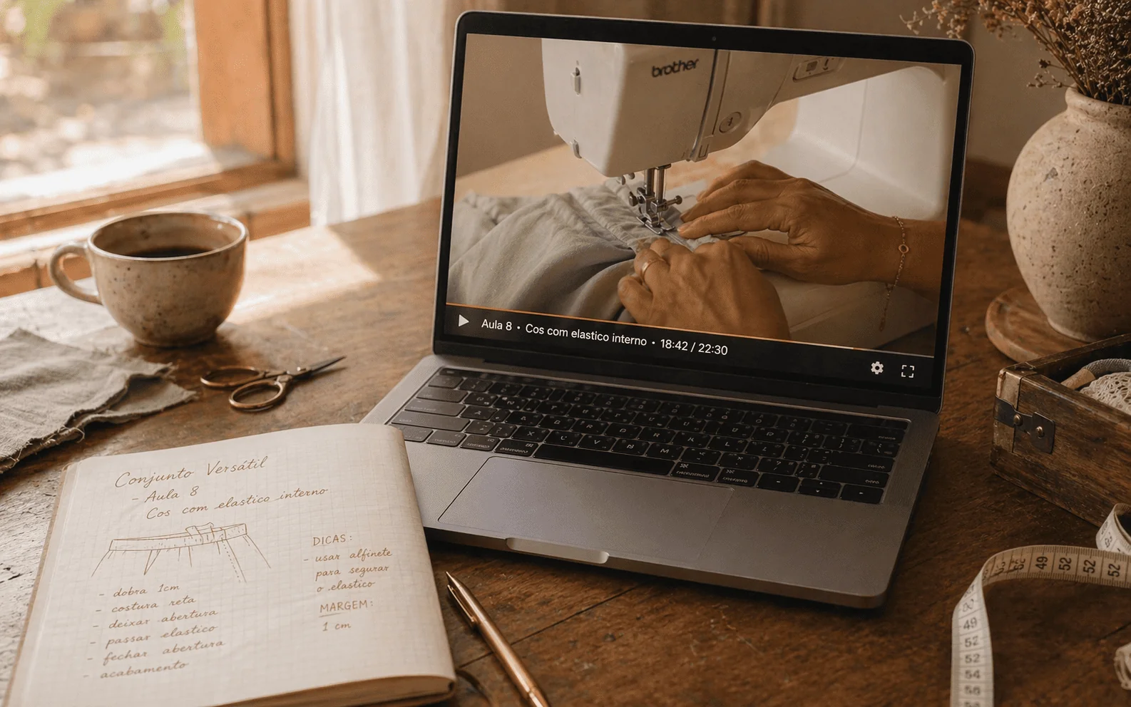 Notebook sobre bancada de madeira mostrando Aula 8 do Conjunto Versátil (cós com elástico interno) — caderno de anotações da aluna aberto ao lado, xícara de café e tesoura de ateliê