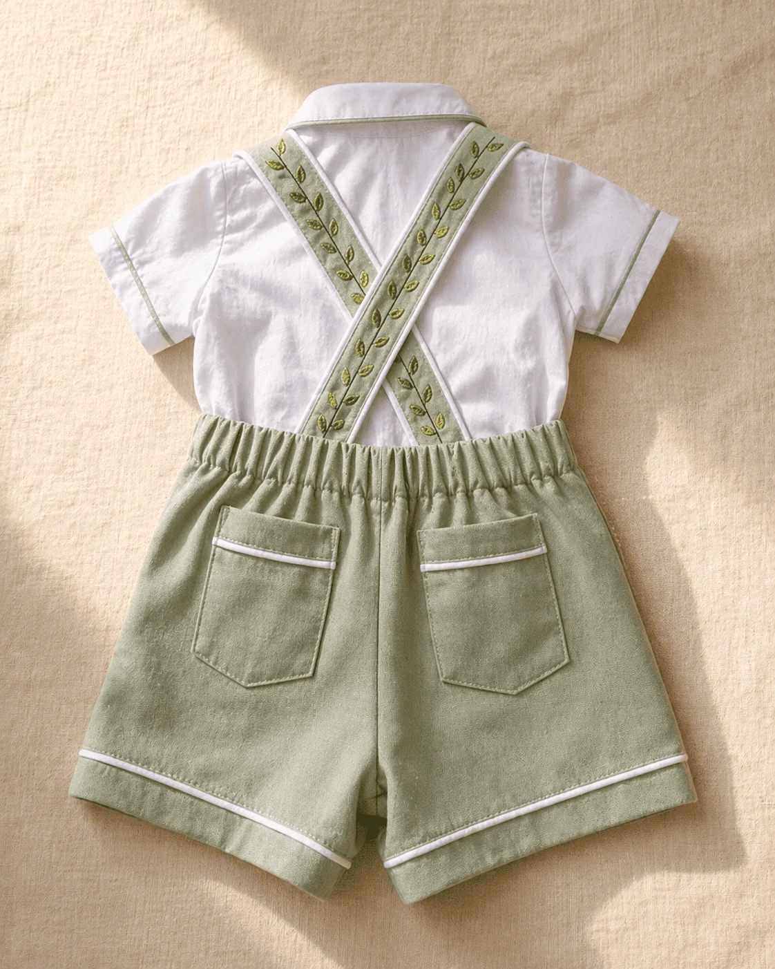 Conjunto Versátil visto pelas costas em flat-lay — alças do suspensório cruzadas em X com bordado verde sage de ramos e folhas, body branco com acabamento limpo e short verde com dois bolsos traseiros