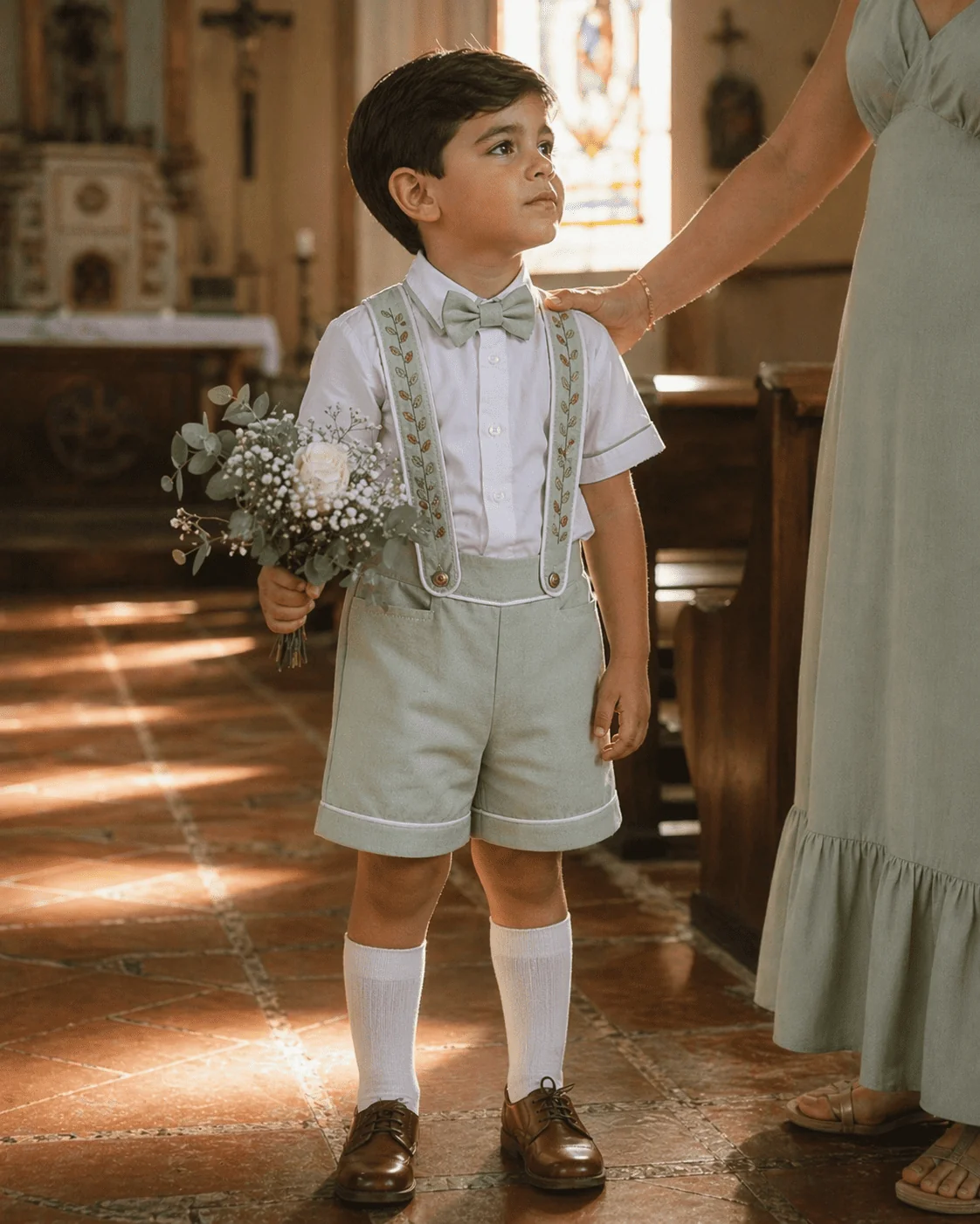 Menino de aproximadamente 4 anos em batizado na igreja — Conjunto Versátil em linho verde sage com suspensório bordado, segurando bouquet de flores brancas, vitral ao fundo
