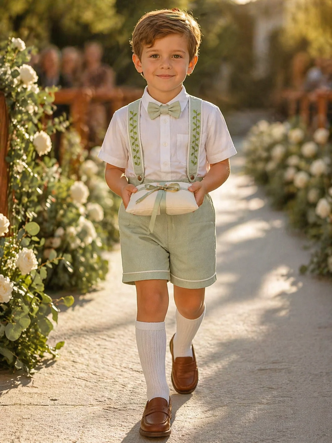 Menino de 5 anos pajem em casamento · Conjunto Versátil completo com suspensórios bordados verde sage + gravata borboleta + short verde menta · carregando almofadinha ivory com duas alianças de ouro amarradas por fita de cetim sage · corredor do jardim com rosas brancas e eucalipto · luz dourada de fim de tarde