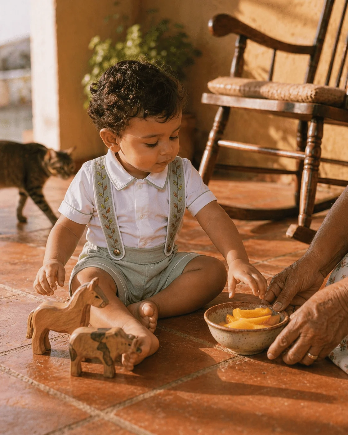 Bebê sentado no chão de terracota brincando com bowl de frutas · Conjunto Versátil verde sage · gato desfocado ao lado, cadeira de palha, luz natural de domingo · cena de vida cotidiana