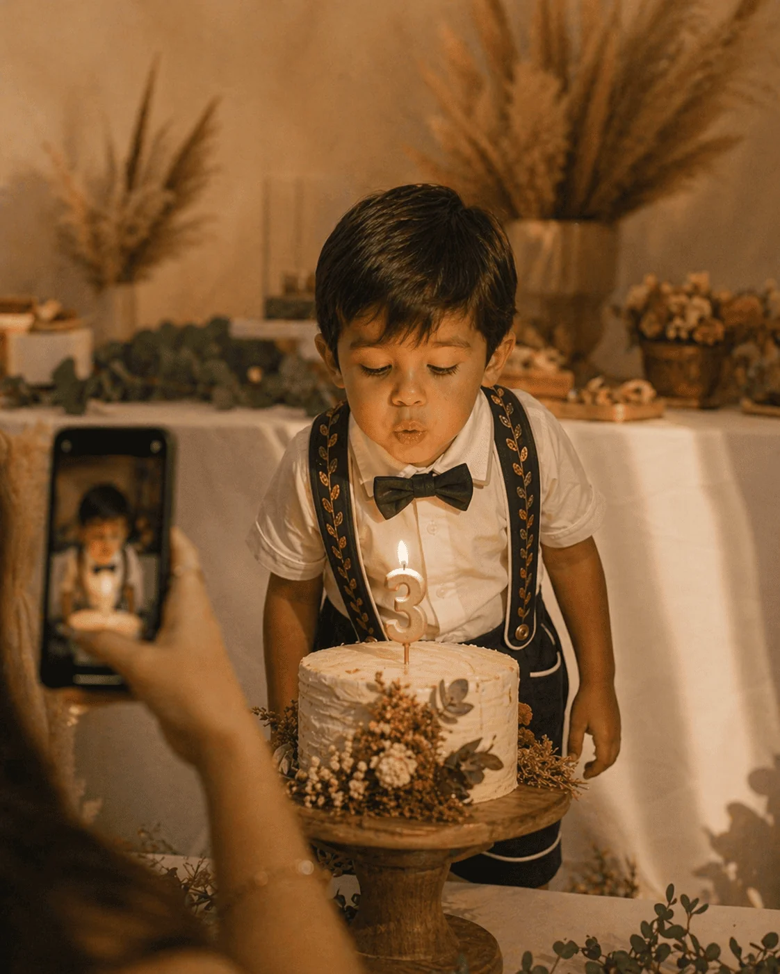 Menino assoprando vela de 3 anos em festa familiar · Conjunto Versátil em tom caramelo com suspensório e gravata borboleta · balões pastéis ao fundo · ocasião de aniversário de criança