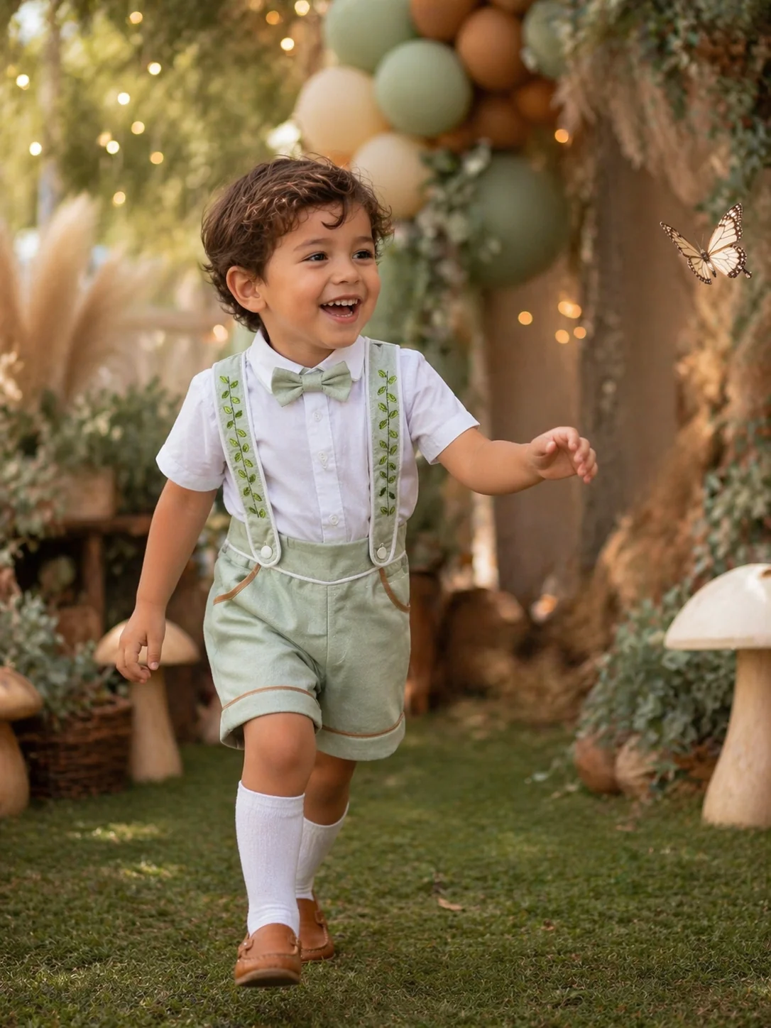 Menino correndo atrás de borboleta em festa temática jardim encantado · Conjunto Versátil verde sage com suspensórios bordados + gravata borboleta · arco de balões sage/terracota/cream + cogumelos de madeira + pampas · luz dourada mágica