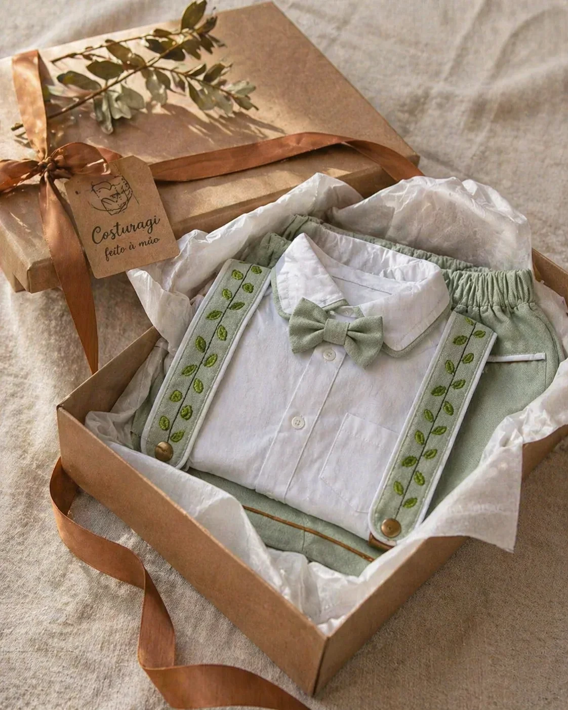 Caixa de presente em kraft aberta · Conjunto Versátil dobrado com camisa branca, short verde sage e suspensórios bordados · gravata borboleta sage no topo · tag Costuragi feito à mão presa com fita caramelo · eucalipto seco sobre a tampa