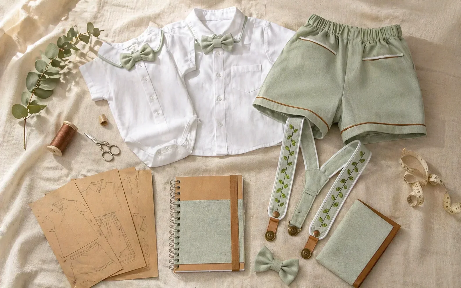 Flat-lay editorial do Projeto Conjunto Versátil completo sobre fundo linho cru · Body Camisa + Camisa Social brancas com caramel piping · Short Versátil verde sage com viés caramelo · suspensórios bordados verde/caramelo com botões bronze · gravatas borboleta sage · 4 moldes impressos kraft · Manual de Bancada · carretéis copper · tesoura vintage · eucalipto