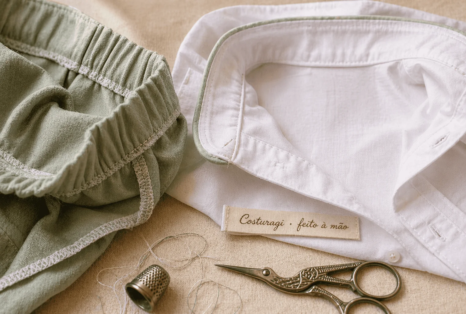 Avesso do Conjunto Versátil em close — cós verde sage com acabamento interno limpo, colarinho branco por dentro com etiqueta Costuragi · feito à mão, tesoura cegonha e dedal de prata sobre tecido