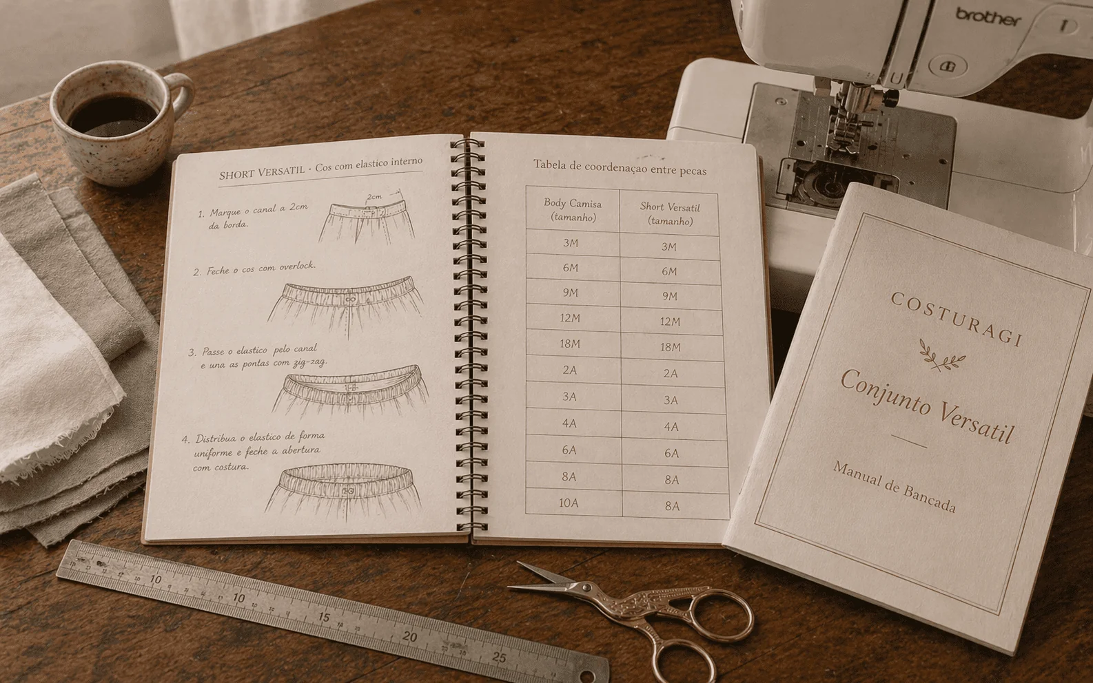 Manual de Bancada do Conjunto Versátil aberto na página do Short Versátil com ilustrações passo a passo e tabela de coordenação entre peças — máquina Brother ao lado, capa em papel craft com título Costuragi Conjunto Versátil Manual de Bancada