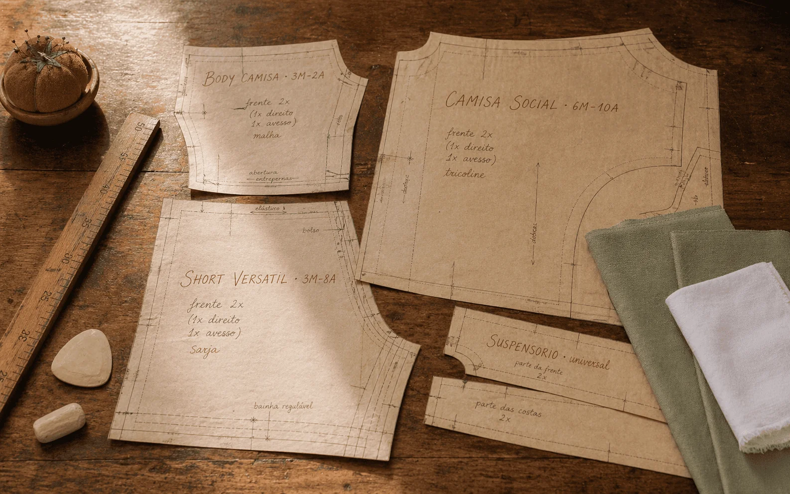 Moldes do Conjunto Versátil impressos em papel kraft sobre bancada de madeira — Body Camisa, Camisa Social, Short Versátil e Suspensório universal distribuídos com régua, pesos e tecido verde sage ao lado