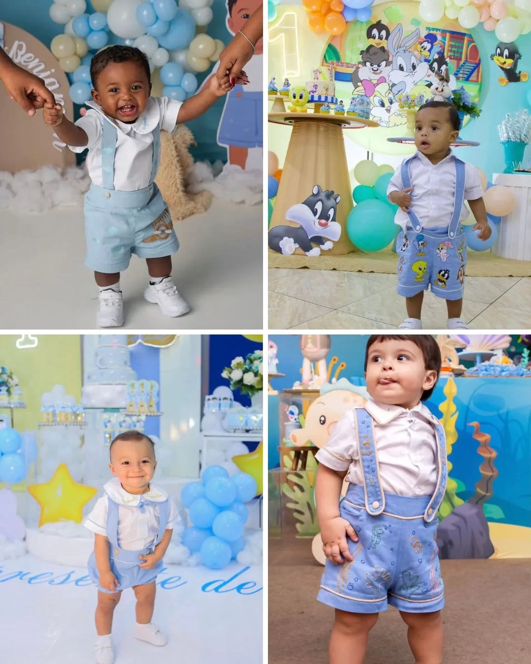Quatro crianças reais vestindo o Conjunto Versátil em ocasiões diferentes: aniversário, batizado, ensaio fotográfico e passeio de domingo
