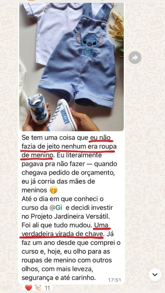 Print real de aluna Costuragi contando que encheu a agenda do ateliê costurando roupa de menino