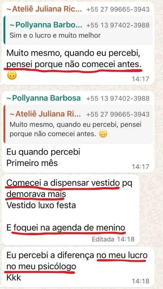 Print real de aluna Costuragi contando que encheu a agenda do ateliê costurando roupa de menino