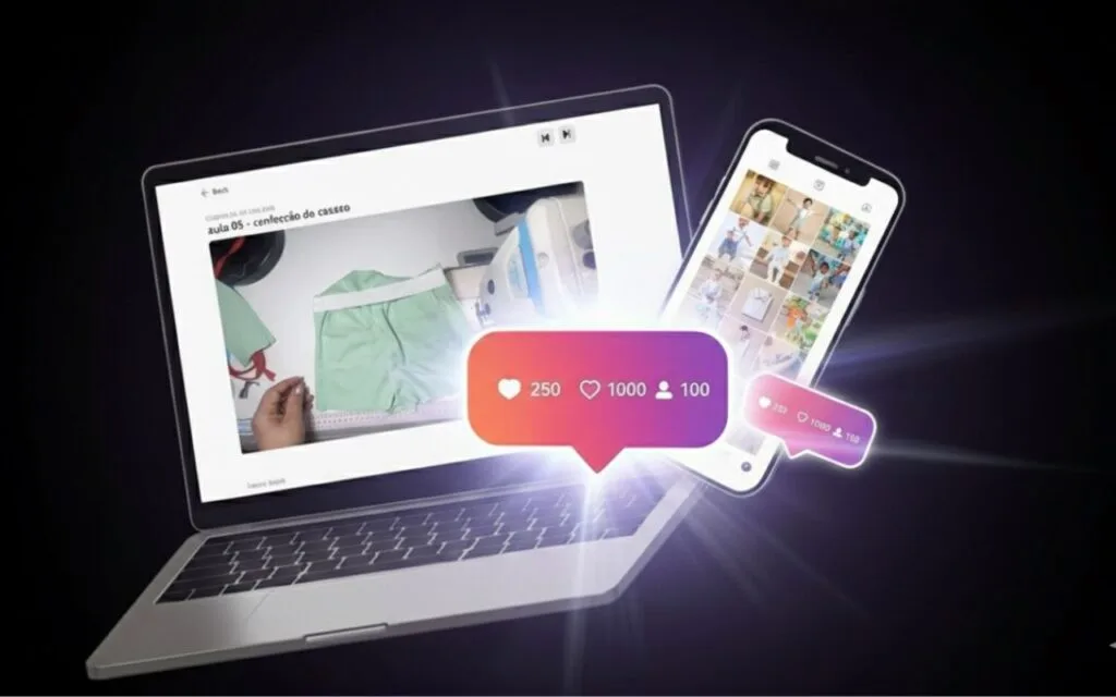 Mockup de notebook e celular mostrando feed de Instagram do ateliê com vendas acontecendo