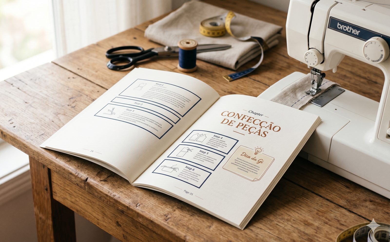 Manual de Bancada do Conjunto Versátil aberto sobre bancada de madeira com máquina de costura Brother, tesoura, carretel de linha e tecidos coordenados