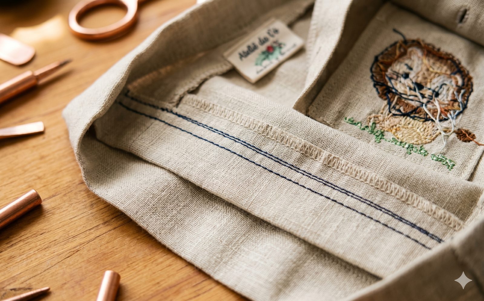 Detalhe macro do avesso de uma peça do Conjunto Versátil mostrando acabamento impecável — pesponto na beirada, overlock escondido, cós com elástico interno